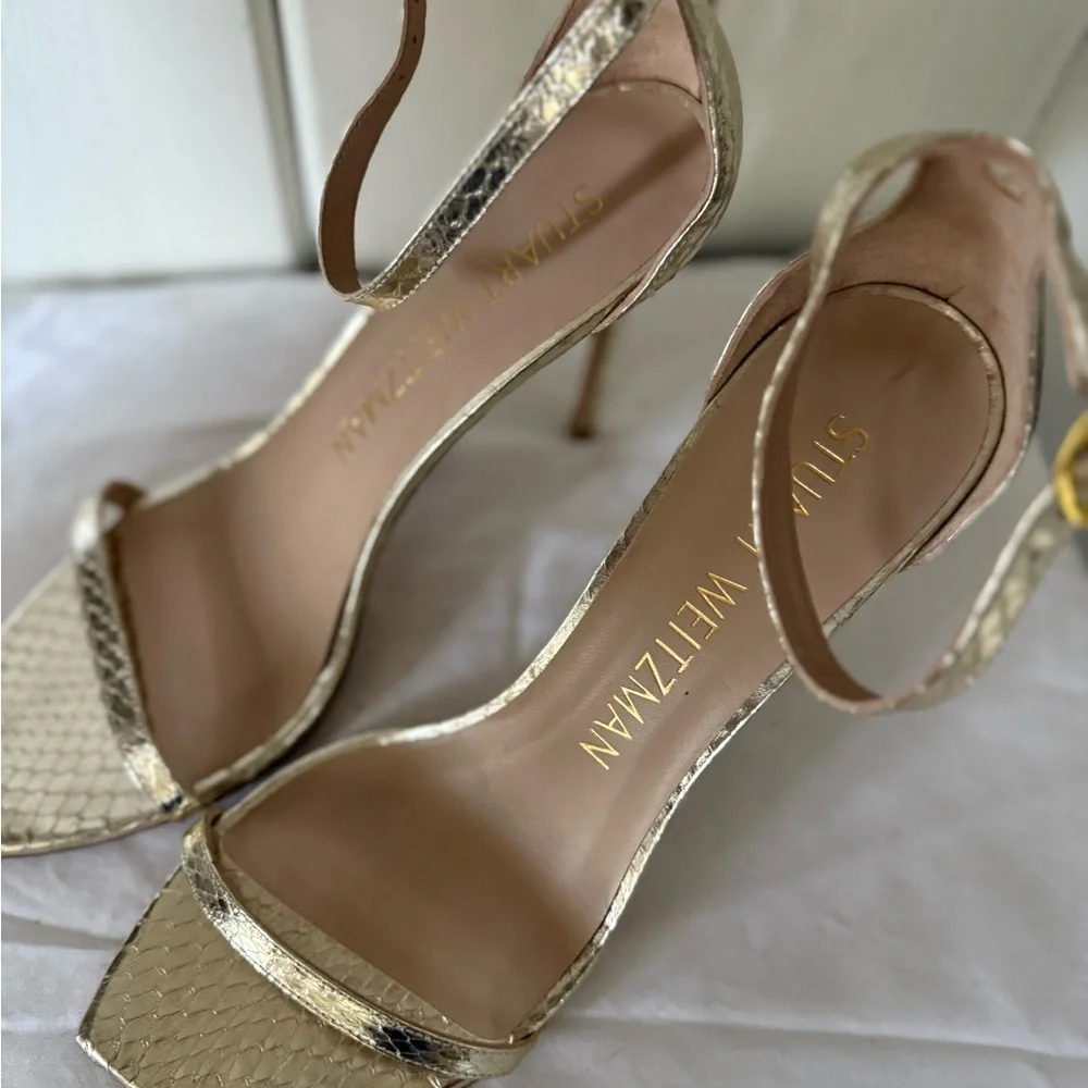Stuart Weitzman Gold Strappy Heels Nudistcurve 100 metallic watersnake leather